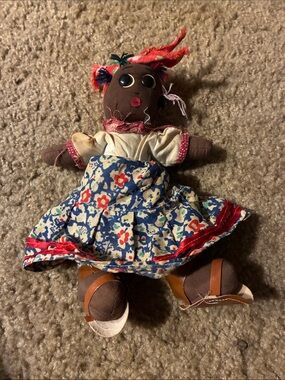 Handmade Brown Fabric Doll with Floral Dress - Kids Toys